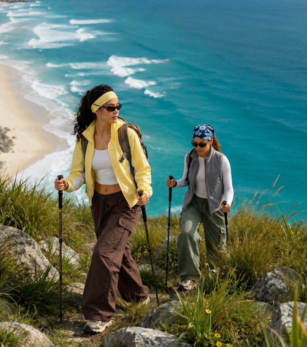Two women hiking on a rocky coastal path overlooking a turquoise ocean and sandy beach, wearing outdoor apparel and carrying backpacks.